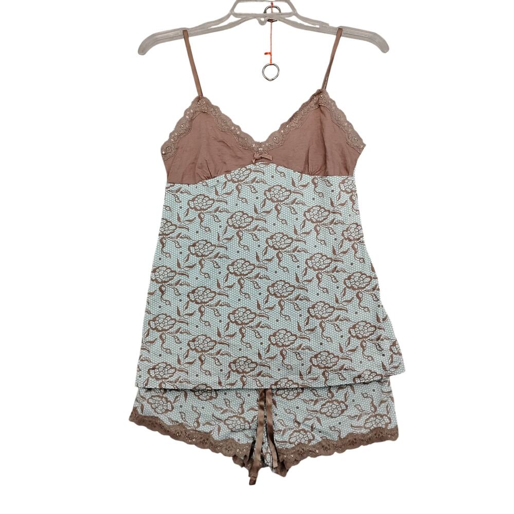 P.J. Salvage Pajama Set Cami and Shorts Size S/M Blue and Brown Lace Print
